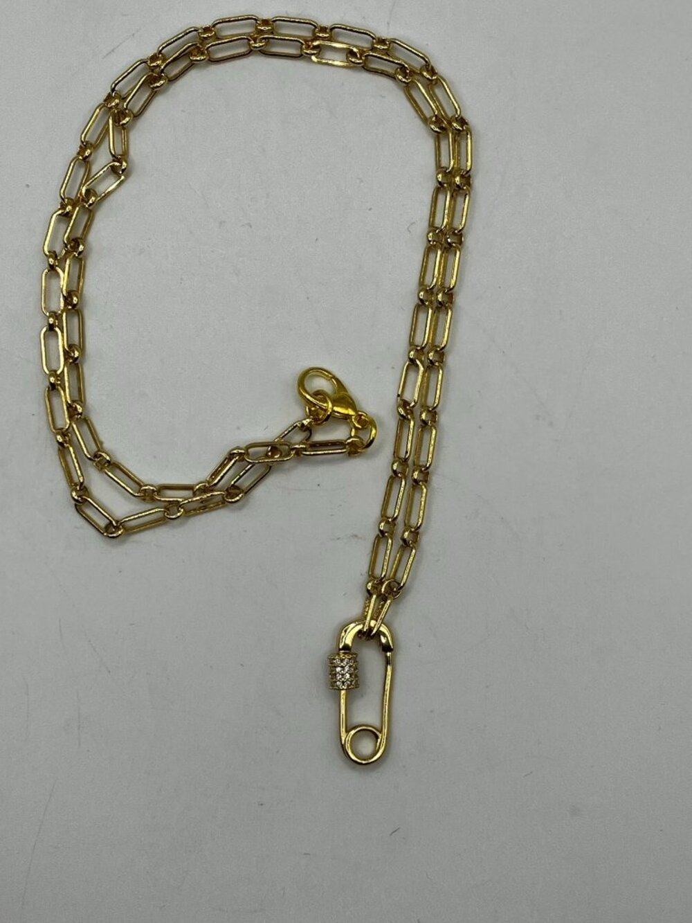 Unique Paperclip Chain Real 18k Gold Plated Brass CZ Safety Pin Pendant 21-inch